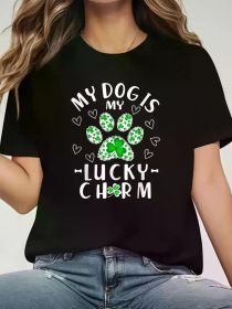 My Dog is My Lucky Charm Shamrock Shirt St Patricks Day T-Shirt Print Round Neck Short Sleeve T-Shirt for Women CasualSummerWomen Top Graphic Tee (Color: Black, size: XL)