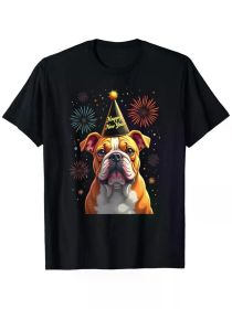 Happy New Year 2025 Eve Firework Dog Funny French Bulldog T-Shirt, 100% Cotton, Single Side Printed (Color: Black, size: L)