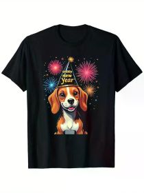 Happy New Year 2025 Eve Firework Dog Funny Beagle T-Shirt, 100% Cotton, Single Side Printed, Black Short Sleeve T-shirt (Color: Black, size: XXXL)