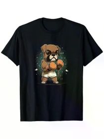 Men's Funny Boxing Dog Graphic T-Shirt - Soft, Breathable 100% Cotton Casual Street Style Tee with Cartoon Bulldog Design, (Color: Black, size: L)
